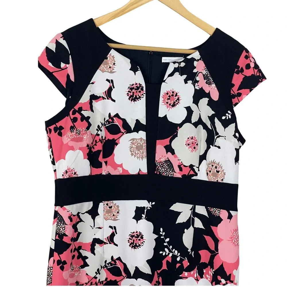 New York & Company Pink Black Women Sheath Dress 16 Floral Cap Sleeve Colorblock